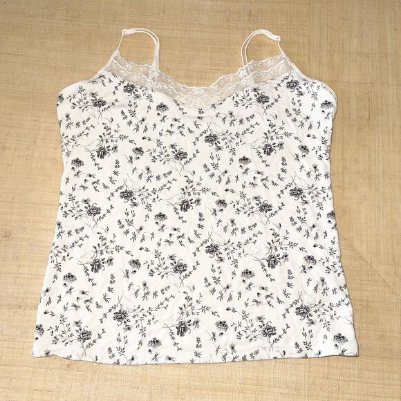 GAP Body Y2K Cami Top Size L Laced Neckline Knit Ivory Floral Black Lined 90s - Picture 1 of 9
